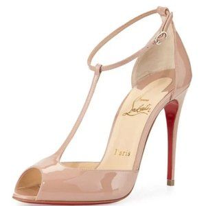 Christian Louboutin Senora Patent Leather T-Strap Nude Sandal Pumps